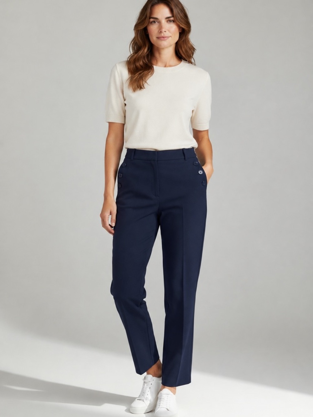 Talbots Sailor-Style Trouser Pants Pleated Button Detail Navy Blue Women's 12P